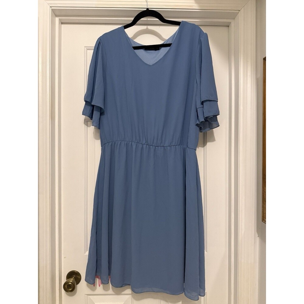 Mikarose Blue Dress Pullover Knee Length V Neck Flutter Sleeve 2XL Gardencore